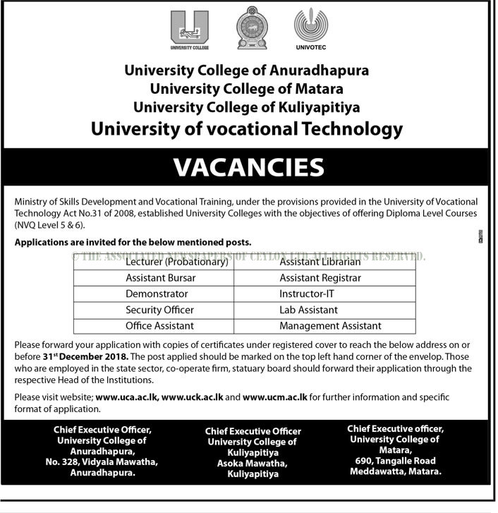 Management Assistant, Office Assistant, Assistant Librarian, Lab Assistant, Lecturer, Assistant Bursar, Demonstrator, Security Officer, Assistant Registrar, Instructor (IT) - University of Vocational Technology